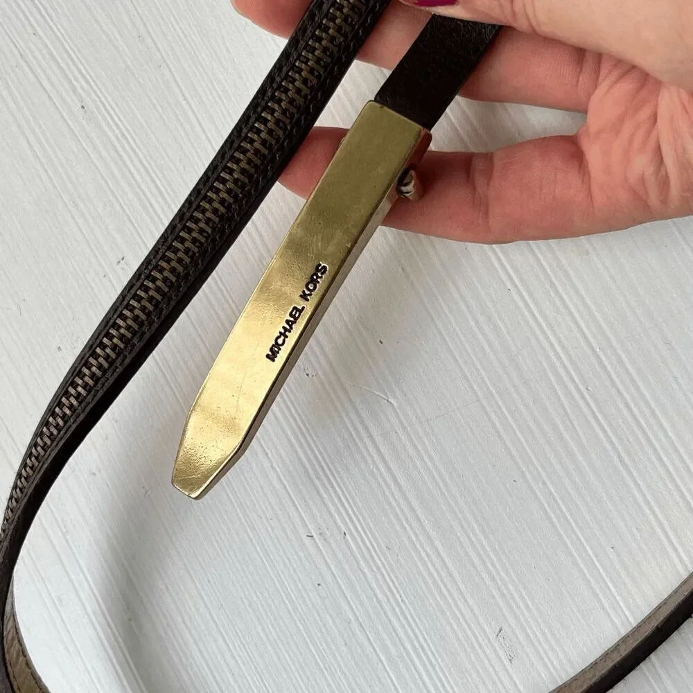 VTG Y2K Michael Kors Brown Leather Skinny Belt w/ Zipper Detail Gold Buckle